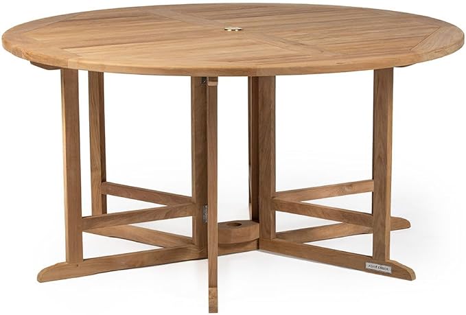 TITAN GREAT OUTDOORS Ash & Ember Luna Grade A Teak 59" Round Dining Table, Drop Leaf Design, Indoor Outdoor Patio or Porch Dining, Weather Resistant Solid Wood with Umbrella Hole