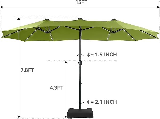 GREEN PARTY 15 ft Large Outdoor Patio Umbrella with Solar Led Lights & Base Included, Double-Sided Rectangular Table Umbrella with Stand, Market Umbrellas for Deck Poolside Garden Backyard, Lime Green