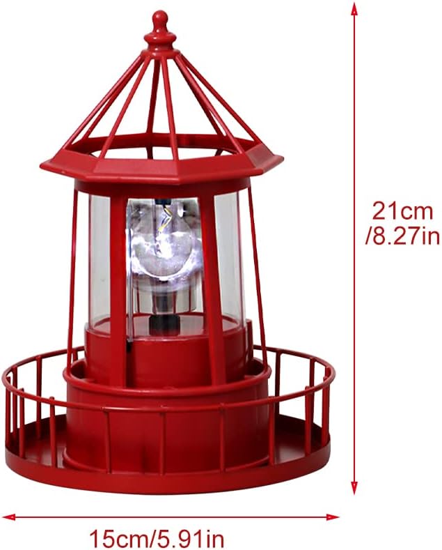 CALIDAKA LED Solar Powered Lighthouse, 360 Degree Rotating Lamp Waterproof Statue Solar LED Lighthouse for Lawn Patio Pond Yard Outdoor Decor (Red)
