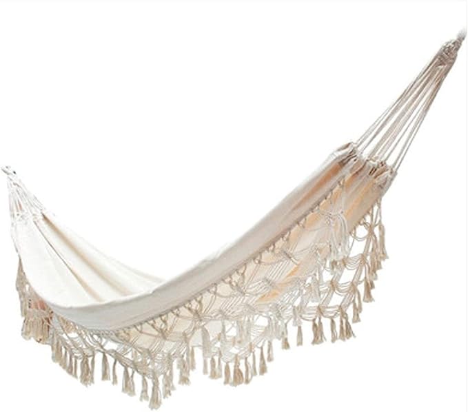 Camping Hammock Bed Tassel Hammock Rope Swing Canvas Sturdy Lanyard Rocking Chair for Outdoor Indoor Garden Load Capacity Up to 150 Kg Hammock Swing (Color : Beige, Size : 200 * 150cm)