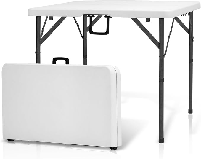 AJP Distributors 3 Foot Portable Plastic Square Folding Card Table 3FT 34" Half Foldable Heavy Duty Top w/Carry Handle - Indoor Outdoor Camping Picnic Party Wedding Dining Office Event Meeting White