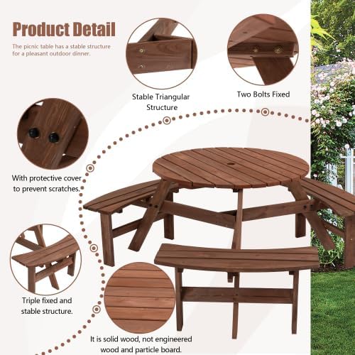 anwickjeff 6-Person Picnic Table and Chairs Set, Outdoor Round Wooden Patio Tables with DIY w/3 Built-in Benches & Umbrella Hole, 1720lbLBS Total Capacity for Patios, Backyard (Brown, 6-Person)