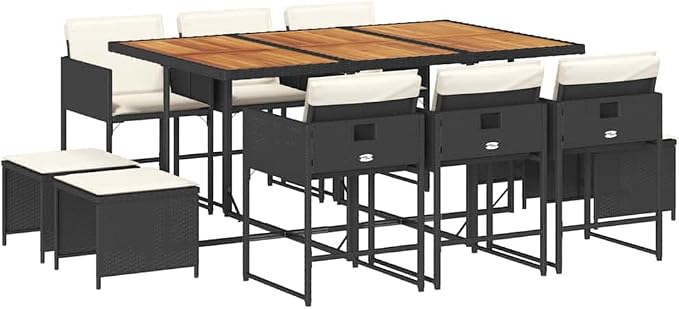 11-Piece Modern Black Poly Rattan Garden Dining Set, Spacious Patio Seating for Backyard or Porch, 41.7 x 65.0 x 28.7 in