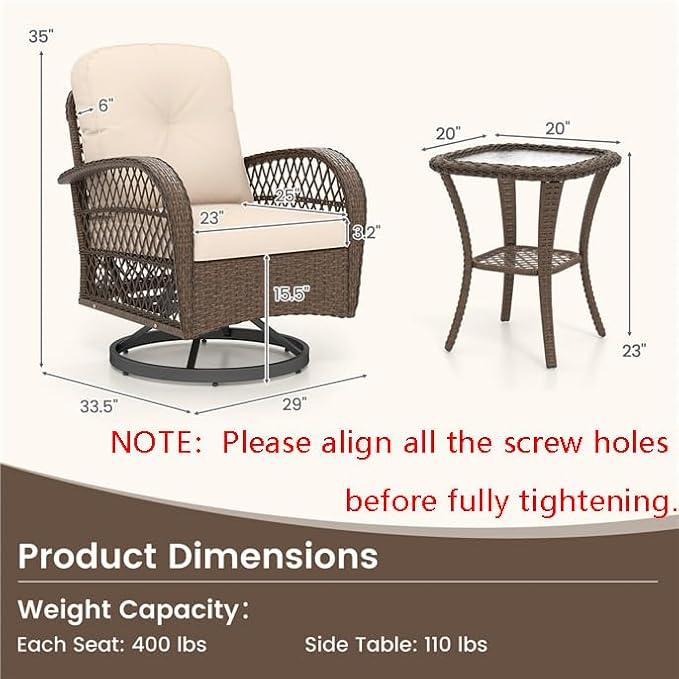 ORALNER 3 Pieces Wicker 360° Swivel Rocker Set Patio Furniture, Rocking Chairs with Cushions, Tempered Glass Coffee Table, Outdoor Rattan Bistro Set for Balcony Front Porch Deck Poolside (Beige)
