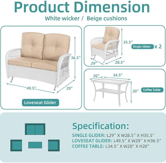 MEETWARM 4 Pieces Outdoor Wicker Patio Conversation Sets with Glider Loveseat, 2 Chairs with Coffee Table Wicker Rocking Glider Set, Rattan Conversation Set with Thickened Cushions, White/Beige
