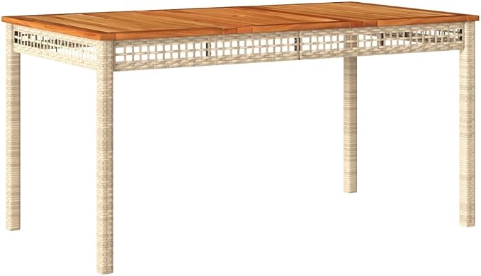 Beige 55.1" x 31.5" x 29.5" Rectangular Patio Table with PE Poly Rattan Base and Acacia Wood Top for Garden Backyard