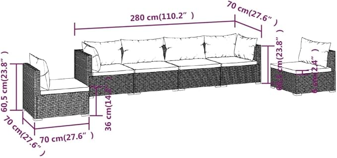 6 Piece Patio Lounge Set with Cushion, Outdoor Patio Sectional Piece Patio Set Patio Lounge Set Furniture Conversation Sets s Poly Rattan Brown