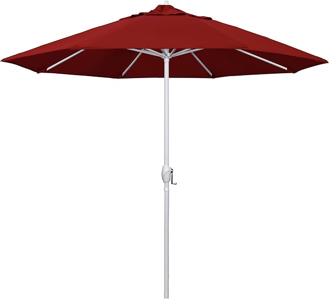 California Umbrella 12-Year Protection 9' Rd Aluminum Patio Umbrella, Crank Lift, Auto Tilt, White Finish, Sunbrella Jockey Red