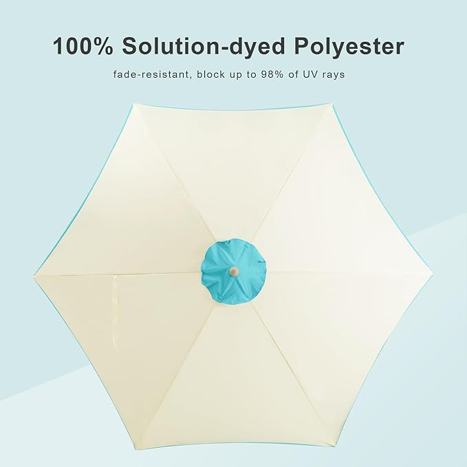 Tempera 9ft Scalloped Beige Spliced Blue Patio Umbrellas with Fringe, Market Umbrellas with Water-Resistant and Fade Resistant Canopy, 1.5" Wood Pole & Button Tilt