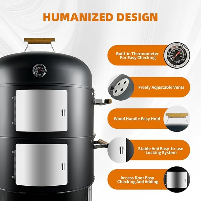 20.5" Smoker grill XXL built in thermometer Air vent 2 pcs doors Multi-Layer heavy duty Smoke BBQ with Rib hanger set with 4 Hooks Parties backyard