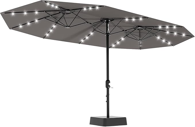 15FT Rectangular Patio Umbrella With Solar Lights & Base Included - Large Patio Umbrella With Crank Handle, UV Protection for Outdoor Market, Lawn, Backyard, Pool