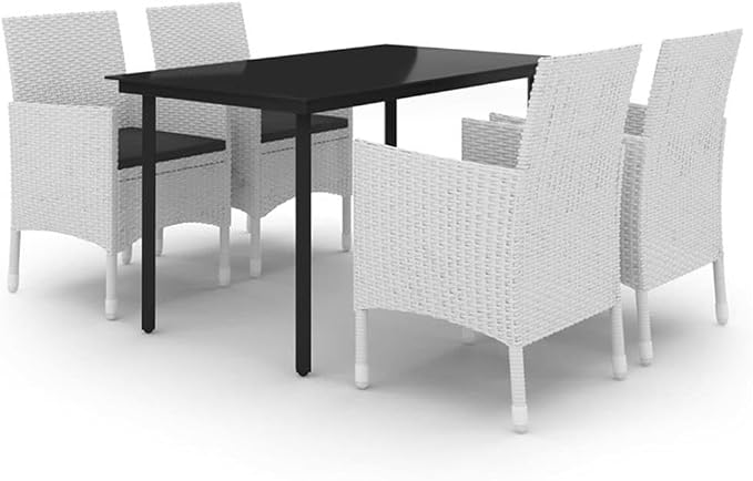 BOWERY HILL 5-Piece Patio Dining Set, PE Rattan Construction, Powder-Coated Steel Frame, White Finish, Rectangular Table and Cushioned Chairs, Durable Outdoor Furniture for Garden, Terrace, or