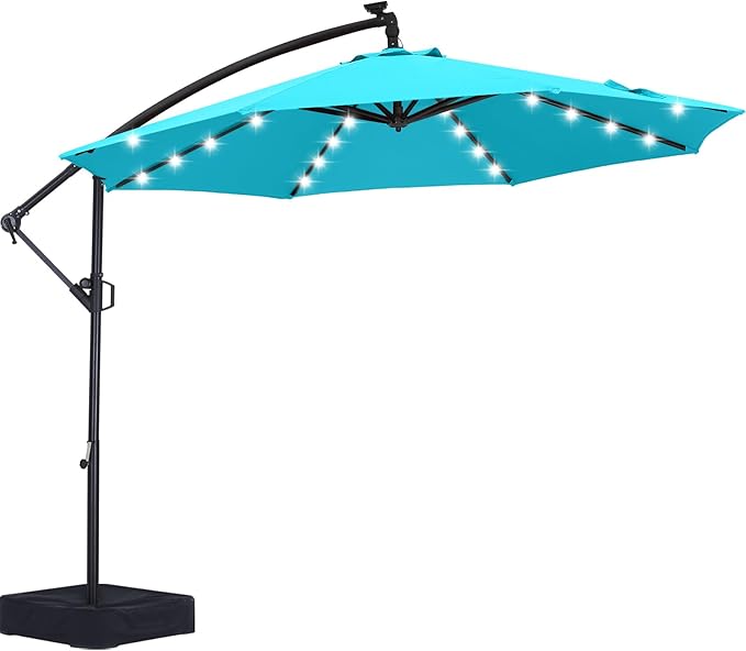 ABCCANOPY 10FT LED Patio Umbrellas Cantilever Umbrella with base, 360° Rotation Outdoor Lighted Offset Umbrella Bonus Fix Frame & Weights Bag for Backyard, Deck, Poolside (Turquoise)