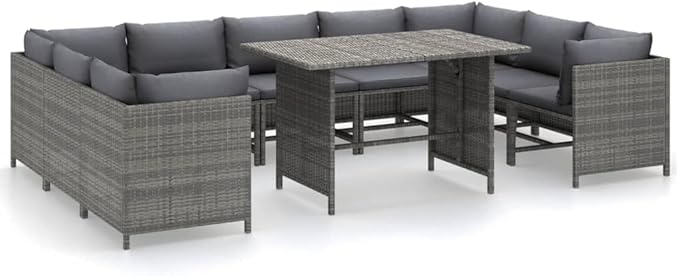10 Piece Patio Furniture Set Modular Gray PE Rattan Sectional Sofa with Cushions, Steel Frame for Outdoor Conversation, Dining Table 43.3" for Garden Balcony Apartment ...