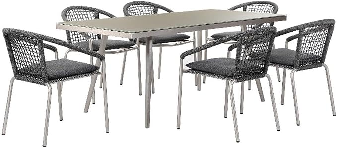 BOWERY HILL 7 Piece Outdoor Dining Set, Slate Gray Rope and Aluminum, Rectangular Table 73x36 in, Stackable Chairs with Fade Resistant Cushions, Contemporary Patio, Backyard, Poolside Dining