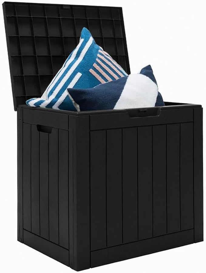 Black 30-Gallon PP Woodgrain Deck Box Outdoor Storage Seat with Waterproof Lid, 22x17x21in for Patio