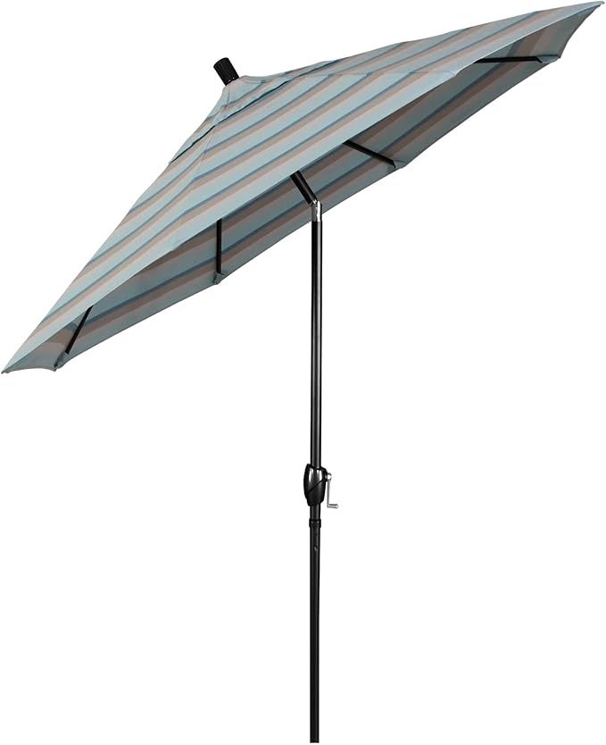 California Umbrella 9' Rd Pacific Trail Series Aluminum Patio Umbrella, Crank Lift, Push Button Tilt, Black Finish, Sunbrella Gateway Mist Fabric