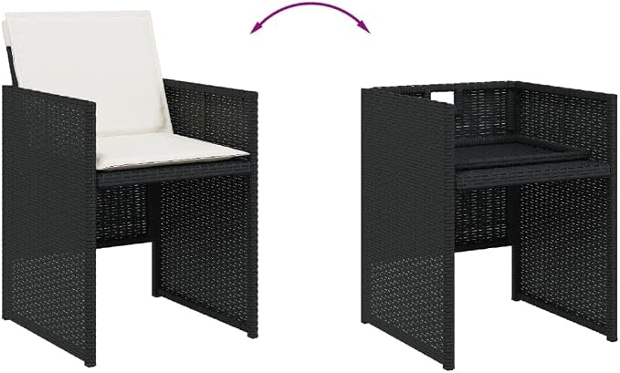 9 Piece Patio Dining Set with Cushions Black Poly Rattan Outdoor Furniture Table and 4 Chairs with Stools Folding Backrest for Garden Backyard Porch Dining Entertaining UV-Proof Tempered Glass Top