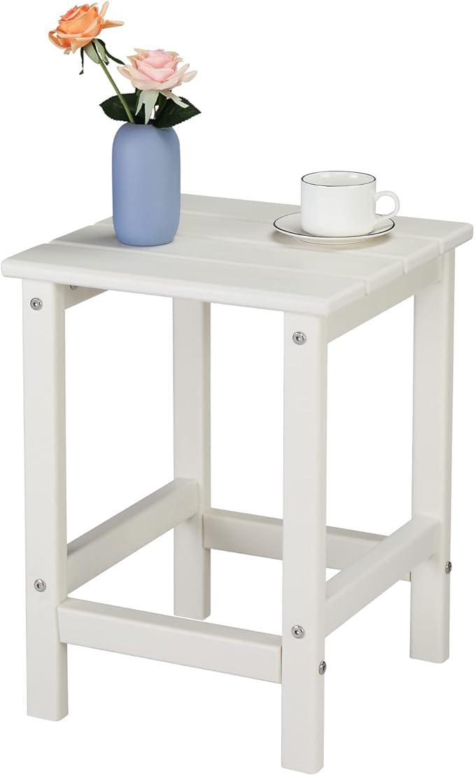 Beach Outdoor Side Table with 2 Layer Storage, Plastic Waterproof and UV Resistant HDPE Adirondack Coffee End Tables, All Weather for Patio, Backyard, Pool, Indoor Use (Square, White)