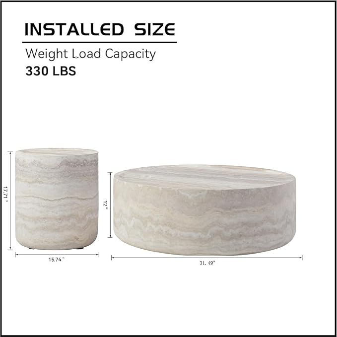 Modern Round Coffee Table End Table Set of 2 Faux Travertine Marble Pattern Circle Coffee Tables Side Table Set for Living Room Apartment No Need Assembly (Fiberglass 2piece)