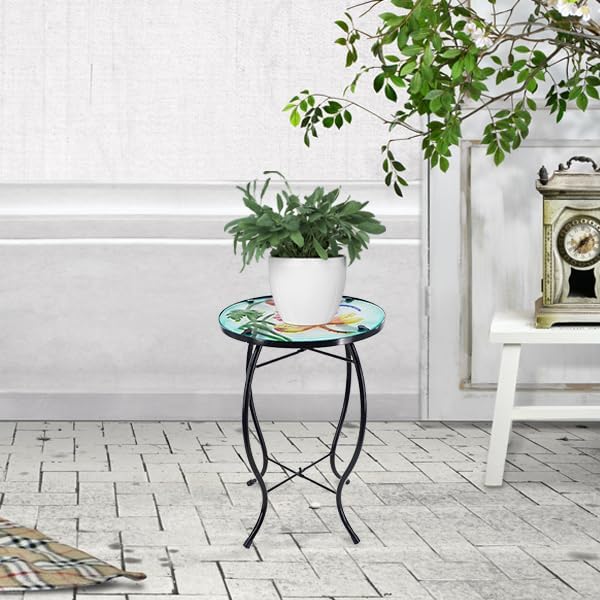 12 Inch Round Dragonfly Glass Side Table, Patio Small Table, Outdoor Side Table, Outdoor Bar Table, Metal Glass End Table for Porch Garden Patio Pool Living Room