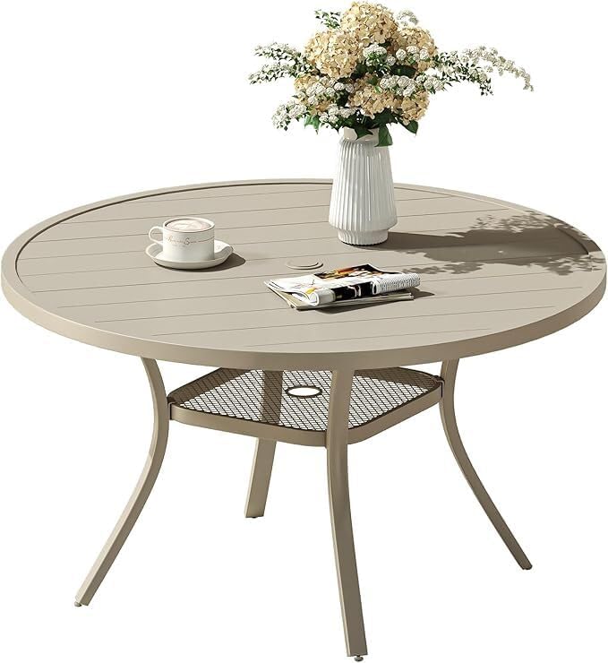 VICLLAX Round Patio Dining Table for 4-6, Outdoor Metal Dining Table with Umbrella Hole for Deck Lawn Garden Backyard, 47.2" Sandshell