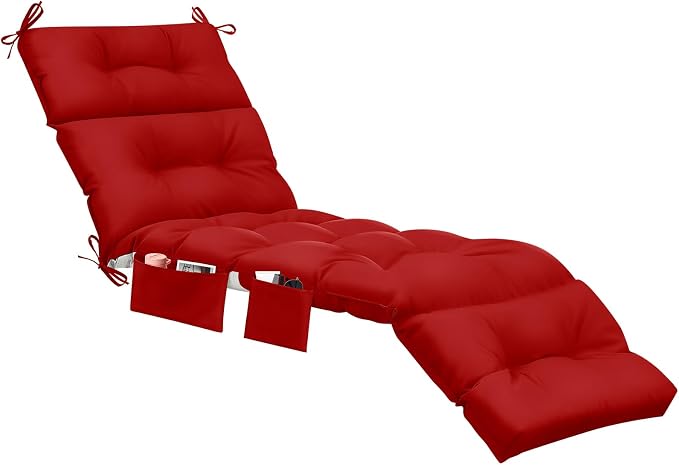 Kigley 2 Pcs Outdoor Chaise Lounge Cushions with 3 Side Pocket 74.5 x 22 x 4.7 Inch Patio Chaise Lounge Cushion, Water-Repellent and Fade-Resistant Tufted Summer Replacement(Red)