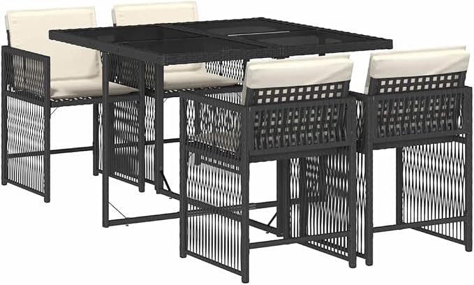 5 Piece Garden Dining Set Black with 4 High-Back Patio Chairs, Rectangular Table, Poly Rattan and Tempered Glass, Foldable and Stackable for Outdoor Patio Balcony