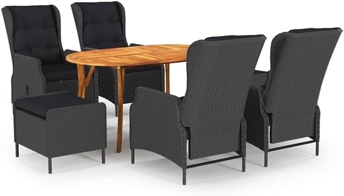 Afuera Living 7-Piece Patio Dining Set, Acacia Wood Table with PE Rattan Chairs, Dark Gray/Black Cushions, Weather-Resistant, Modern Outdoor Furniture for Garden, Terrace, or Outdoor Dining Spaces