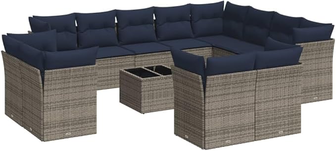 vidaXL Patio Sofa Set with Cushions 13 Piece, Sectional Sofa with Glass Table, Outdoor Conversation Set, Modern Style, Gray Poly Rattan
