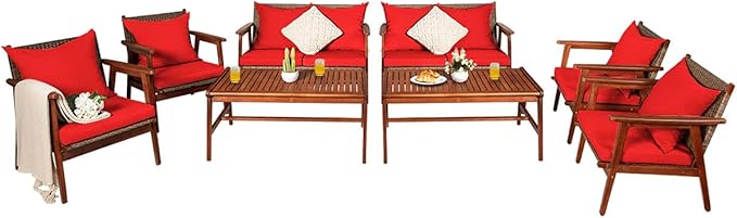 Tangkula 8 PCS Patio Wood Sofa Set, Outdoor Acacia Wood Seating Chat Set with Cushions & Coffee Table, Sectional Conversation Sofa Set for Garden, Backyard, Poolside (2, Red)