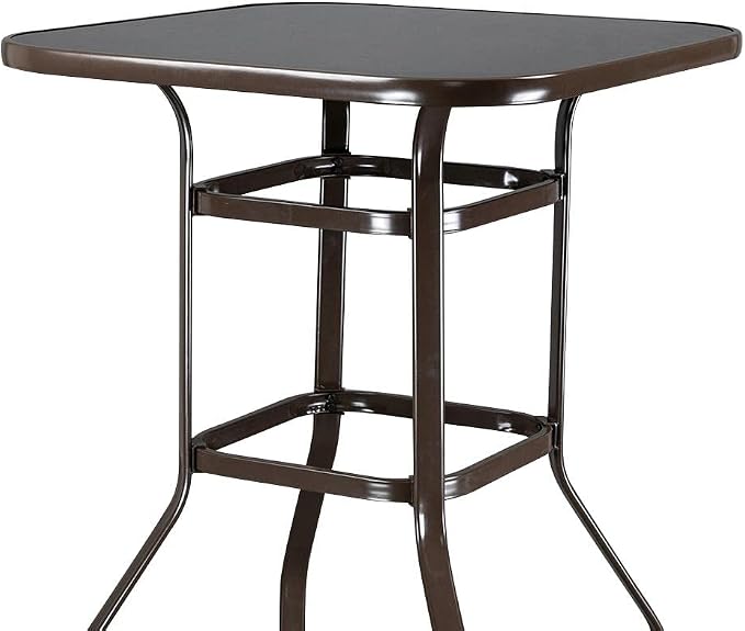 Kopokd Outdoor Bar Table Brown - Furniture Set for Garden Bistro - Bar Height Wrought Iron Table with Glass Top