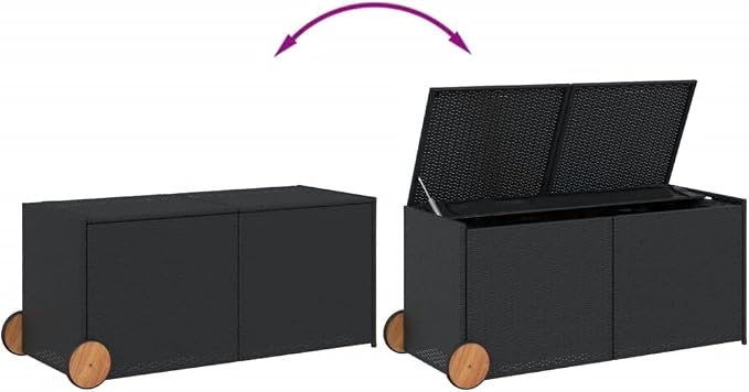Outdoor Storage Box with Wheels 74.8 Gal Black PE Rattan Deck Box for Patio Garden Pool Toys Cushions, Water-Resistant Bag, Gas Spring Lid & Steel Frame