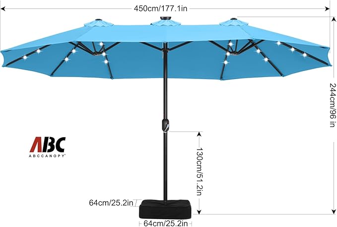 ABCCANOPY 15ft Umbrella Outdoor Patio Solar Lights with Base, Outdoor Double-Sided Rectangle Umbrella for Poolside, Lawn, Backyard (Turquoise)
