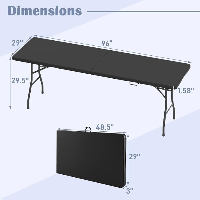 Tangkula 8 FT Folding Table, Indoor Outdoor Foldable Plastic Table with HDPE Tabletop, Sturdy Metal Fame, Carrying Handle, Heavy Duty Portable Fold-in-Half Picnic Table for Camping BBQ Party