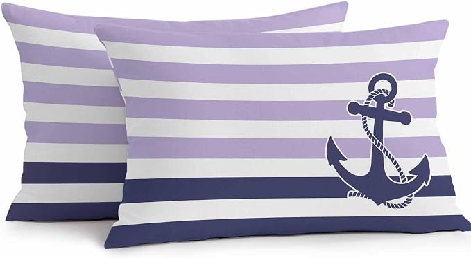 Lumbar Pillow Covers 20x12 Inch Set of 2, Anchor Purple Waterproof Outdoor Cushion Covers, Modern Navy Blue White Striped Nautical Decorative Pillowcases for Couch, Sofa, Bed, Garden, Patio