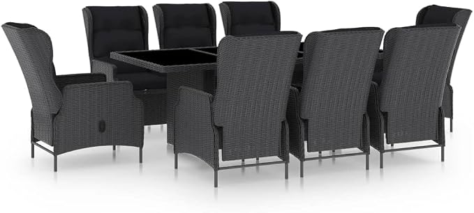 9 Piece Patio Dining Set with Cushions PE Rattan Dark Gray Outdoor Table and Reclining Chairs for Garden Balcony Powder Coated Steel