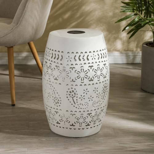 12" Outdoor Solar Side Table, Metal Cutout Drum Side Table, Coffee End Tables, Patio Garden Stool for Small Spaces, Living Room, Backyard, Poolside (1, White + Solar)