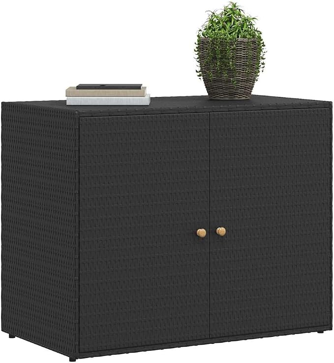 Outdoor Garden Storage Cabinet, Poly Rattan Deck Box for Patio, Backyard Organization, Waterproof 2-Door Sideboard, 39.4x39.4x31.5 Inch, Black