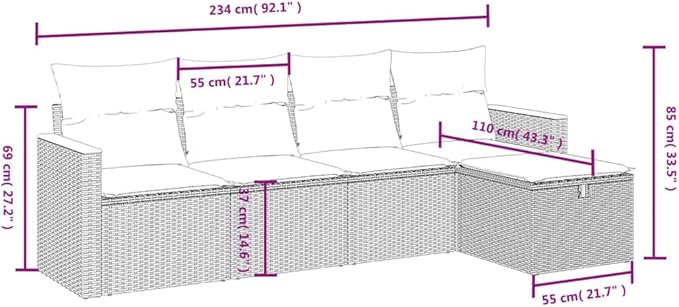vidaXL Patio Sofa Set with Cushions 5 Piece, Outdoor Conversation Set, Sectional Sofa for Balcony Garden, Modern Style, Gray Poly Rattan