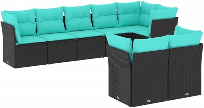 8 Piece Patio Sofa Set with Cushions, Sectional Sofa Porch Furniture Set Outdoor Dining Sets Patio Conversation Set for Negotiation Area Poolside Garden Exhibition Black Poly Rattan