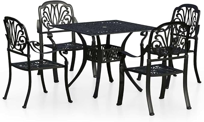 5 Piece Bistro Set Cast Aluminum Black | Weather-Proof, Umbrella Hole, Patio Dining, Sturdy and Durable