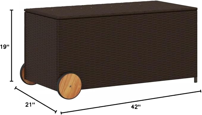 Outdoor Storage Box with Wheels 50.2 Gal Brown PE Rattan Water-Resistant Bag Patio Furniture Deck Box Garden Storage Container for Backyard Poolside Porch