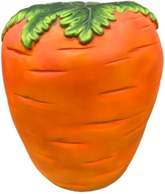 Carrot Shaped Resin Stool Side Table 16" Outdoor Garden Decor Plant Stand | Vivid orange textured body, green leaf lid top, stable rounded base, wipe-clean surface, portable 12 lbs