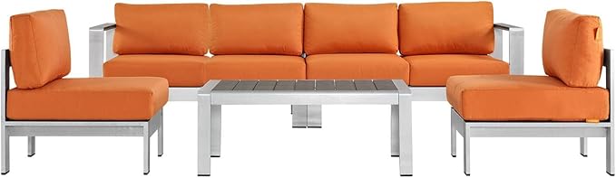 Modway Shore 5-Piece Aluminum Outdoor Patio Sectional Sofa Set in Silver Orange