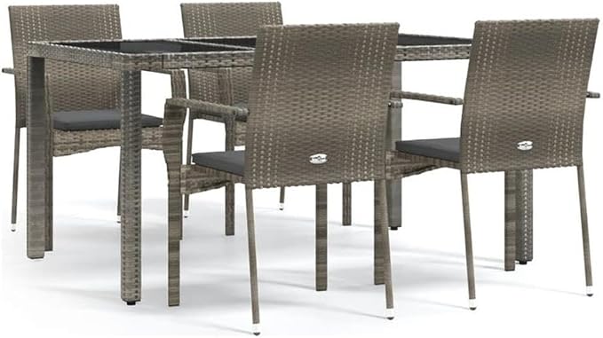Afuera Living Contemporary 5 Piece Patio Dining Set, Weather-Resistant PE Rattan, Powder-Coated Gray Finish, Modular Design, Cushioned Seats, Rectangular Garden or Terrace Furniture for Outdoor Dining