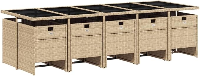 11 Piece Patio Dining Set with Cushions Beige Poly Rattan Outdoor Table and Chairs for Garden Backyard, Space-Saving Foldable, UV-Proof, Tempered Glass Top, Comfortable Seating, 242.5 lb Capacity