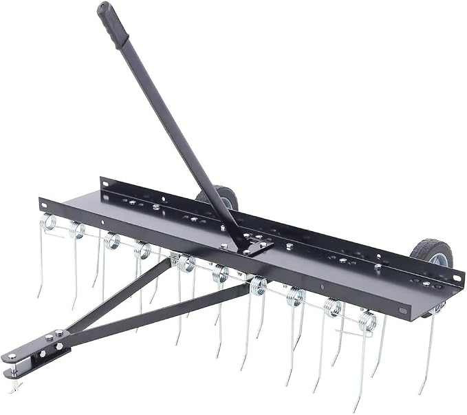 Tow-Behind 40" Lawn Sweeper and Dethatcher, 20 Rust-Proof Tine Landscape Rake, Riding Lawn Mower Attachment for Thatch Removal and Yard Maintenance
