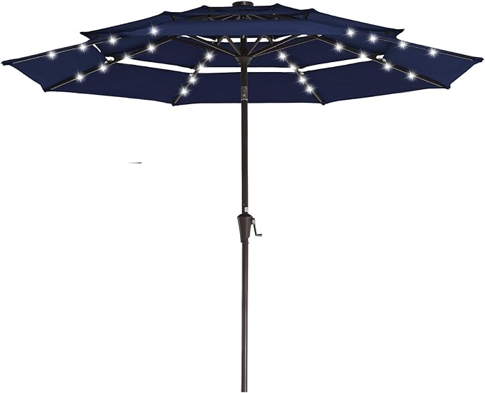 JEAREY 3 Tiers Patio Umbrella with Solar Lights 9ft Outdoor Market Table Umbrellas with Push Button Tilt for Outside Pool Garden, Navy Blue