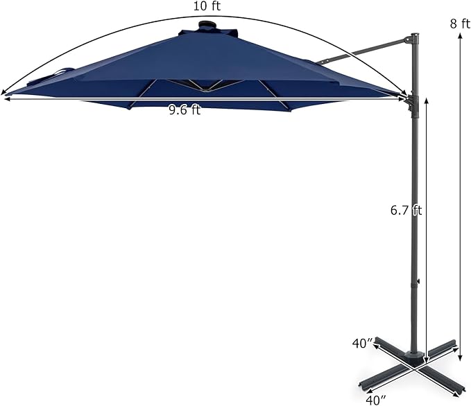 Tangkula 10ft Patio Umbrella with Solar Lights, Offset Cantilever Outdoor Umbrella with LED Lights, 360 Degree Rotation, Air Vent for Pool Deck Garden Backyard (Navy)